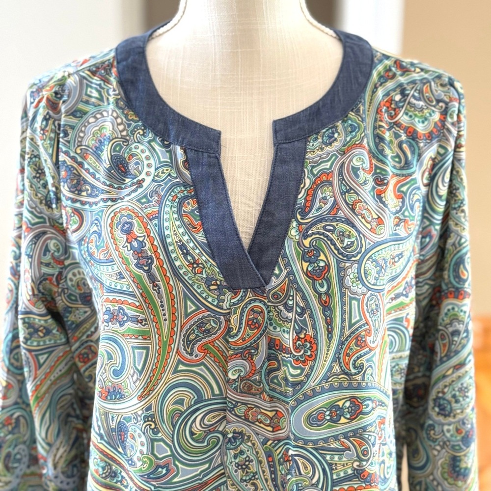 Liz Claiborne Petite Paisley Split Neck Blouse Blue Orange Green PL Long Sleeve
